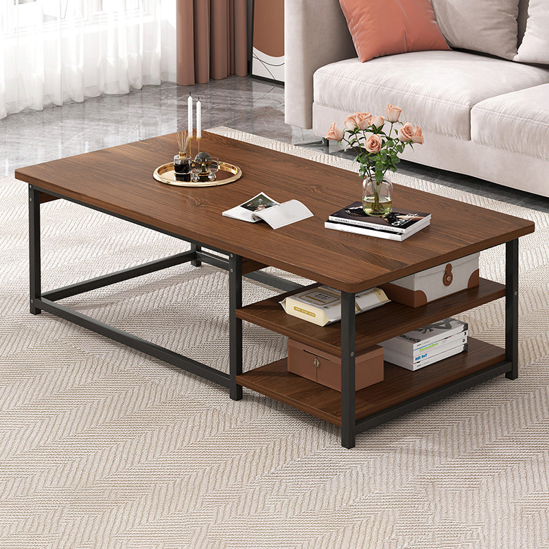 16.53" H Rectangle Wooden Coffee Table Metal Frame Cocktail Table with Shelves