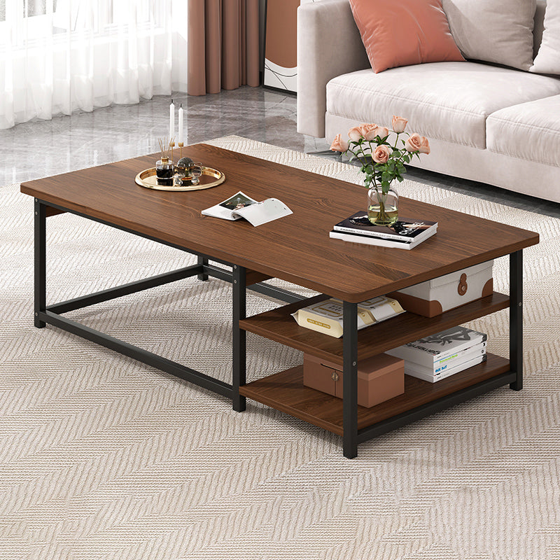 16.53" H Rectangle Wooden Coffee Table Metal Frame Cocktail Table with Shelves
