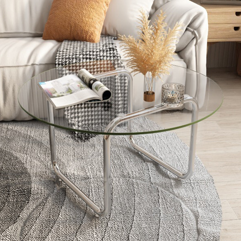 Contemporary Round Glass Top Coffee Table with Steel Sled Legs