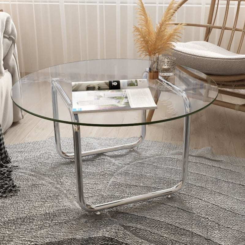 Contemporary Round Glass Top Coffee Table with Steel Sled Legs