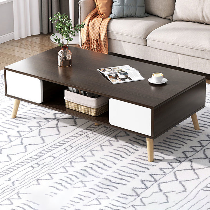 Modern Rectangle Wooden Coffee Table 4 Legs Cocktail Table with Storage