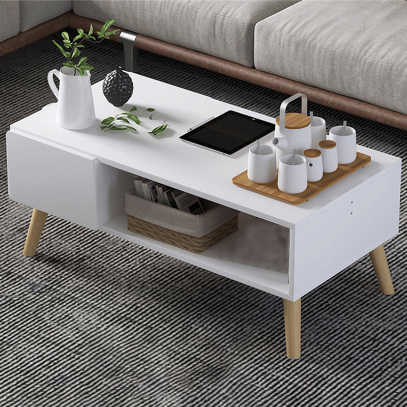 Modern Rectangle Wooden Coffee Table 4 Legs Cocktail Table with Storage
