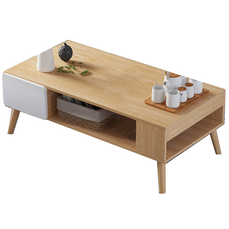 Modern Rectangle Wooden Coffee Table 4 Legs Cocktail Table with Storage