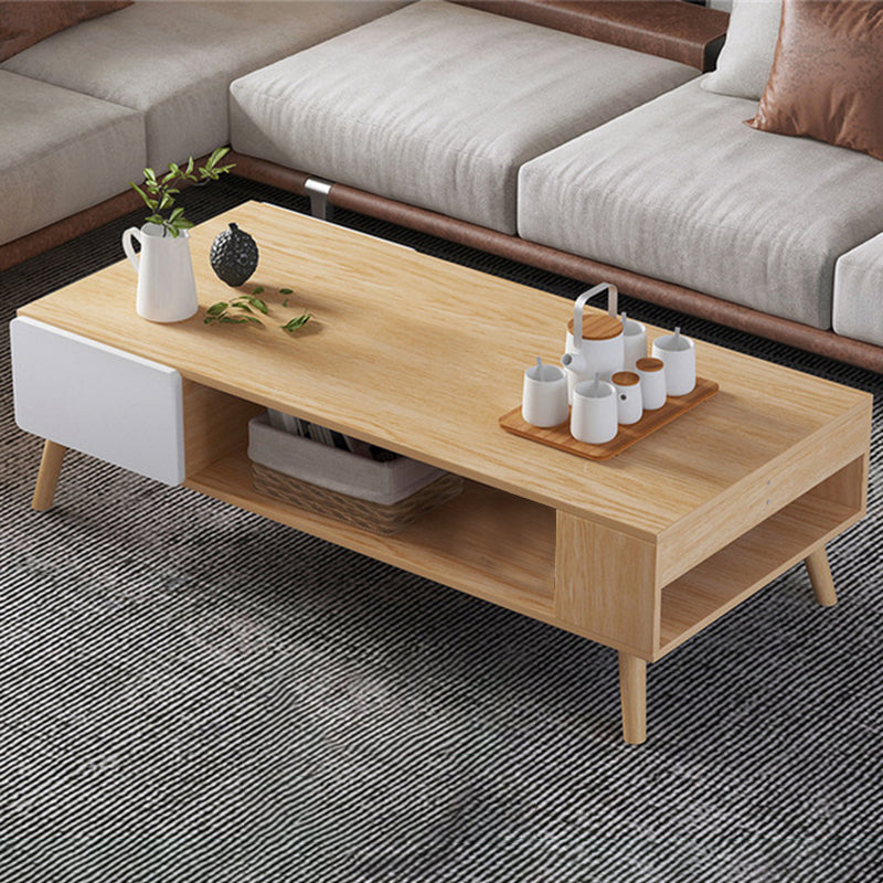 Modern Rectangle Wooden Coffee Table 4 Legs Cocktail Table with Storage