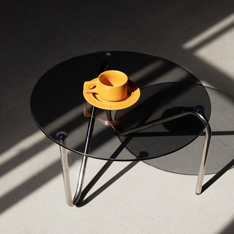 Contemporary Grey Round Glass Coffee Table with Metal 3 Legs