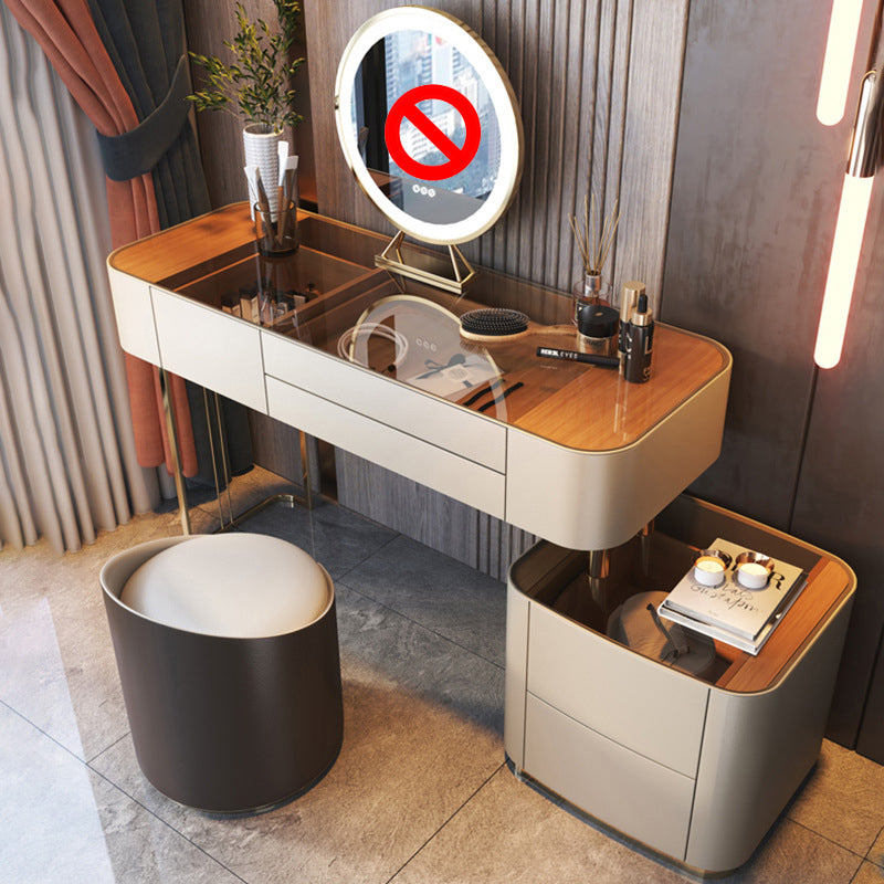 Glass Vanity Desk with 5 Storage Drawers 16.14" Wide Cream Wood Vanity Set
