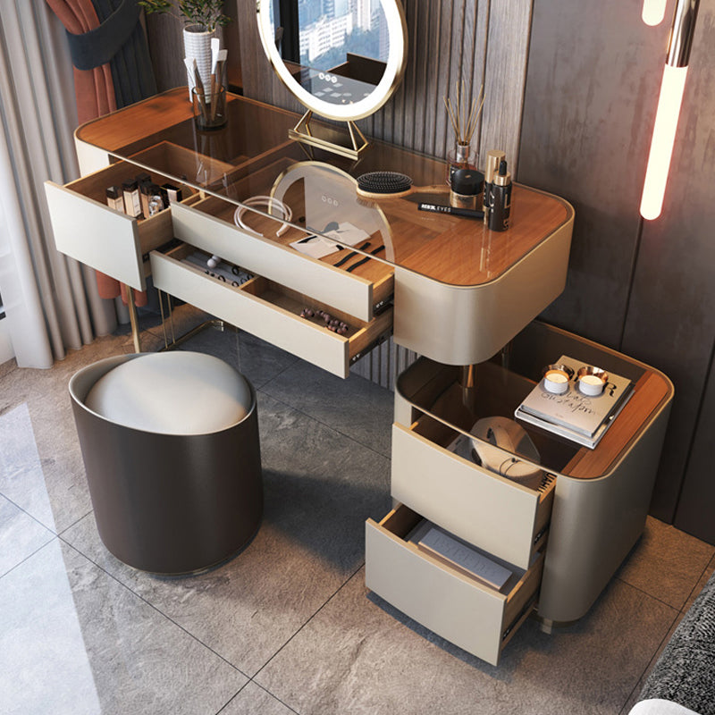Glass Vanity Desk with 5 Storage Drawers 16.14" Wide Cream Wood Vanity Set