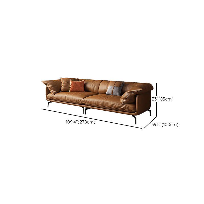 Modern Pillow Back Sofa Orange Genuine Leather Tuxedo Arm Sofa