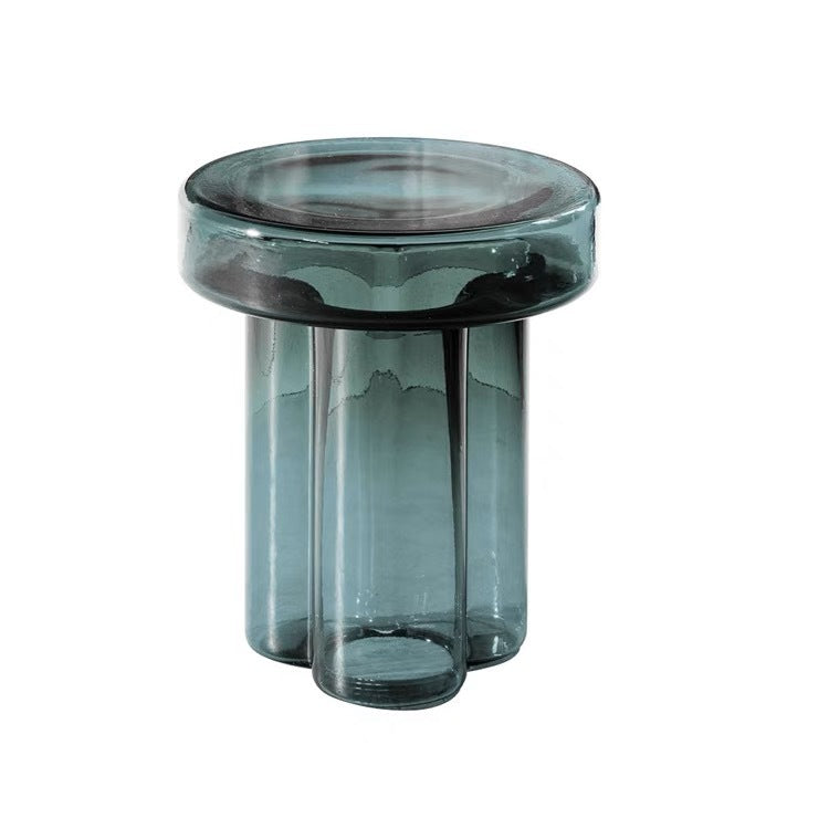 Modern Green/ Brown Round Glass Top Side Table Pedestal End Table