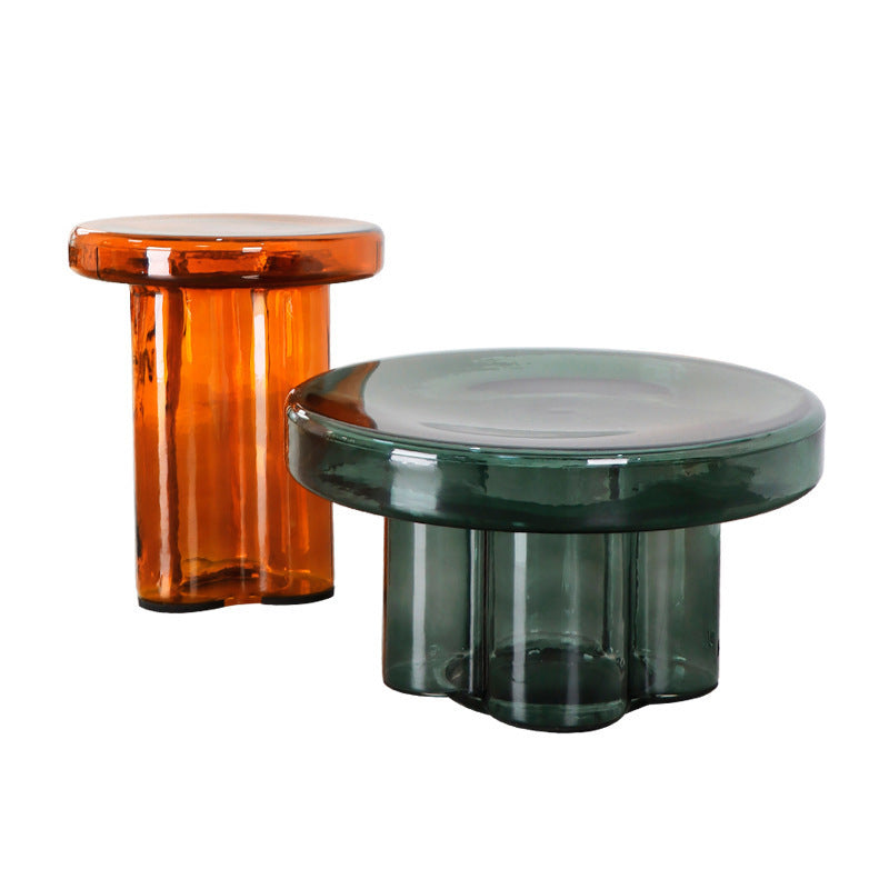 Modern Green/ Brown Round Glass Top Side Table Pedestal End Table
