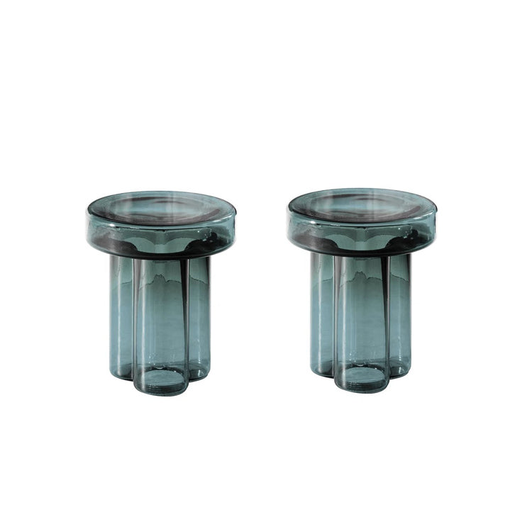 Modern Green/ Brown Round Glass Top Side Table Pedestal End Table