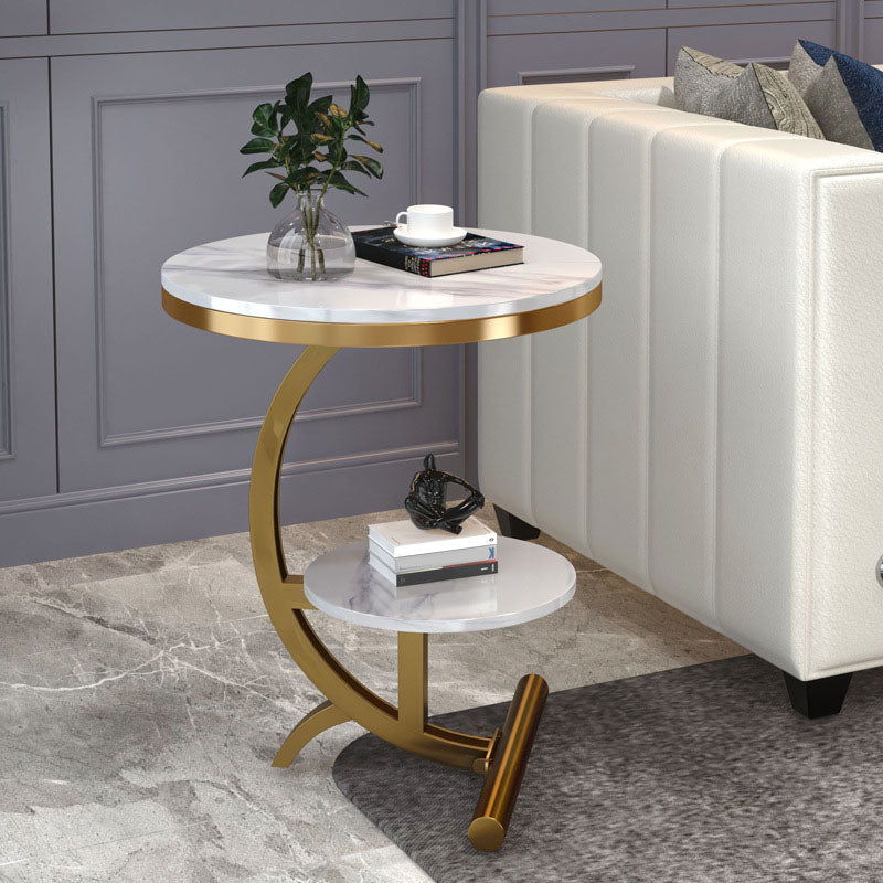 Modern Round Marble Top End Table 23.62" Tall Metal C Side Table