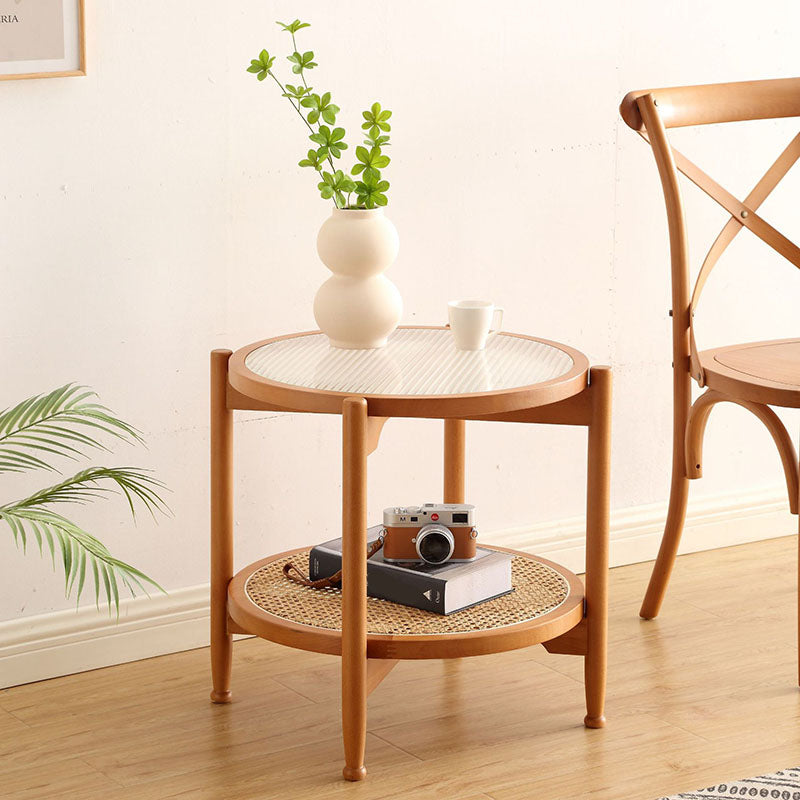 21.65" Tall Round Glass Top Side Table Wood 4 Legs End Table with Shelf