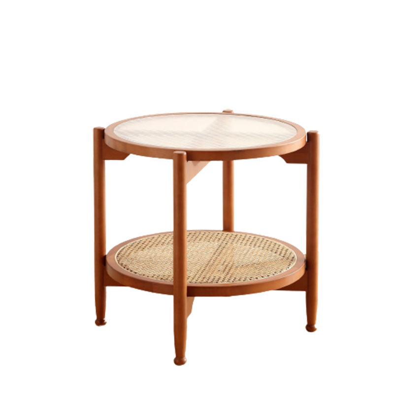 21.65" Tall Round Glass Top Side Table Wood 4 Legs End Table with Shelf