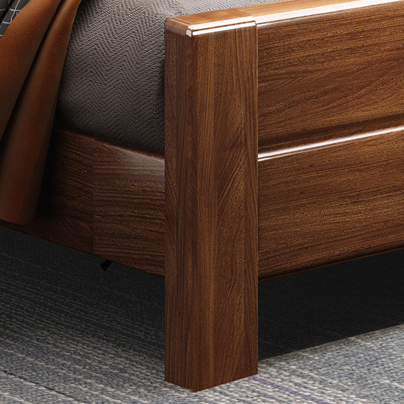 Walnut Solid Color Panel Bed Mid-Century Modern Standard Bed with Headboard