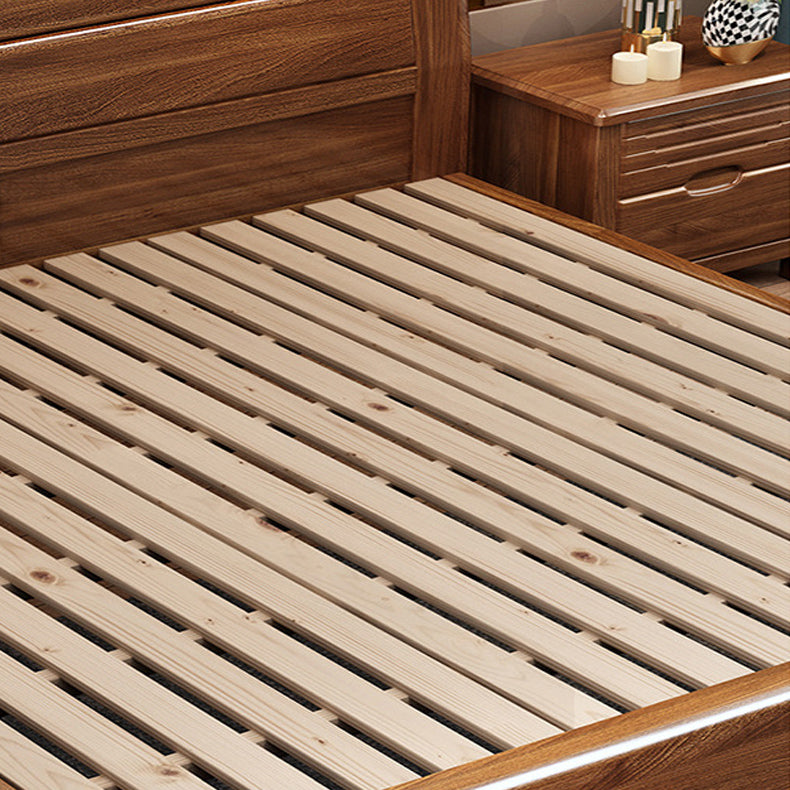 Walnut Solid Color Panel Bed Mid-Century Modern Standard Bed with Headboard