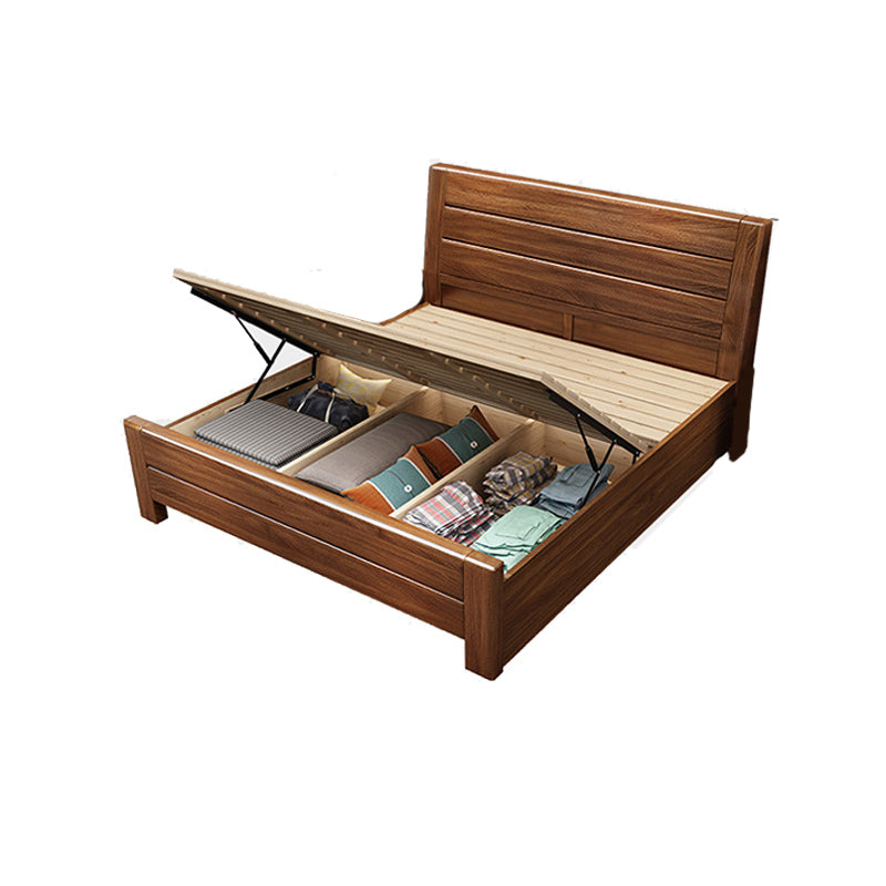 Walnut Solid Color Panel Bed Mid-Century Modern Standard Bed with Headboard