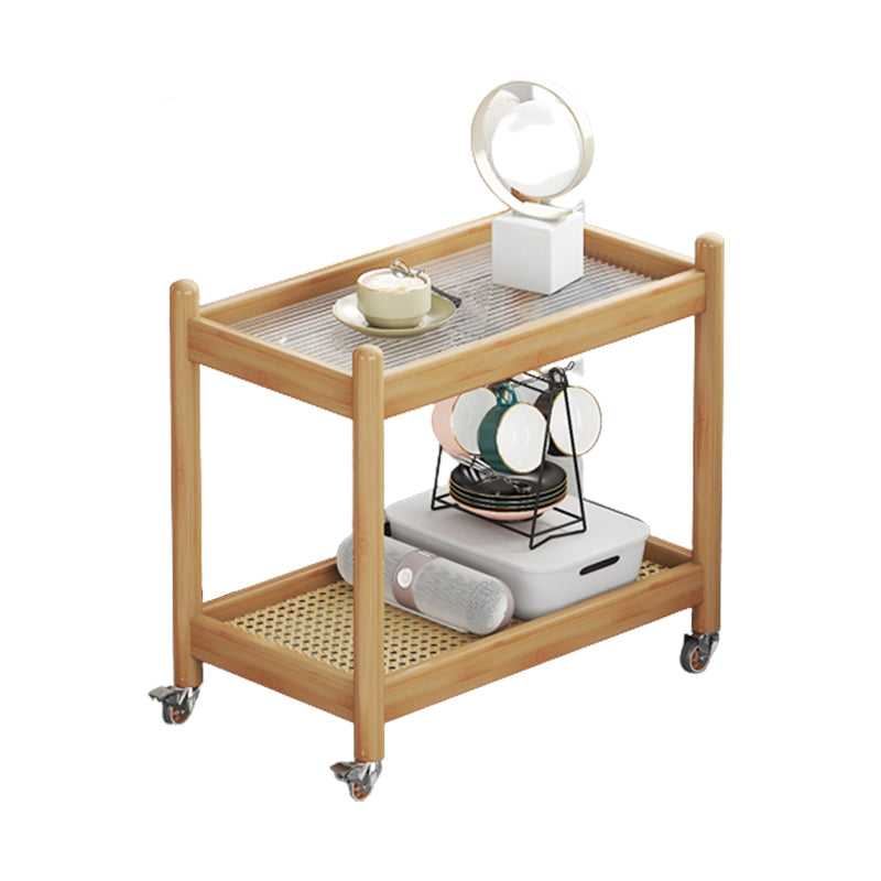 Modern Rectangular Glass Top End Table Wood Base Side Table with Shelf and Wheel