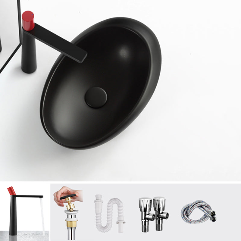 Modern Bathroom Sink Porcelain Pop-Up Drain Oval-Shape Vessel Lavatory Sink