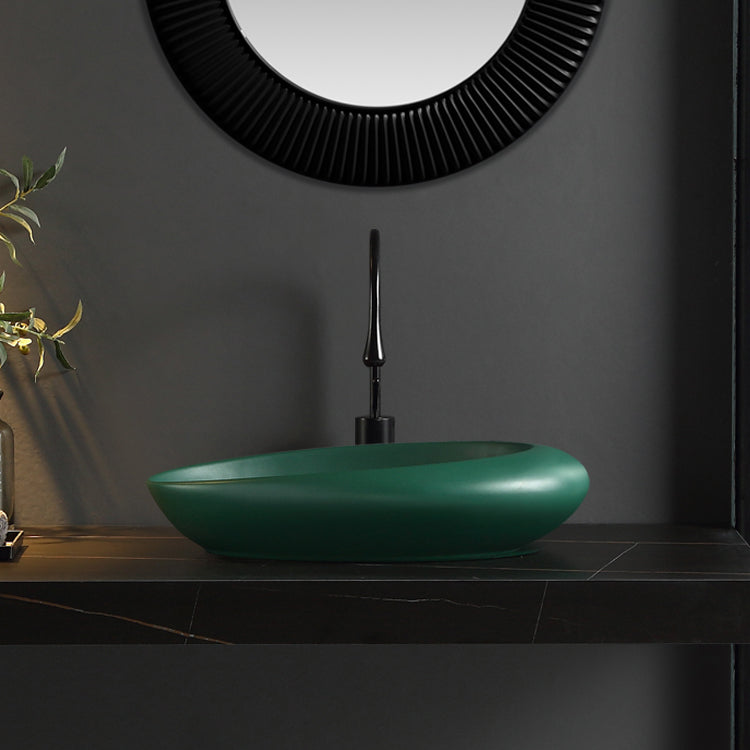 Modern Bathroom Sink Porcelain Pop-Up Drain Oval-Shape Vessel Lavatory Sink