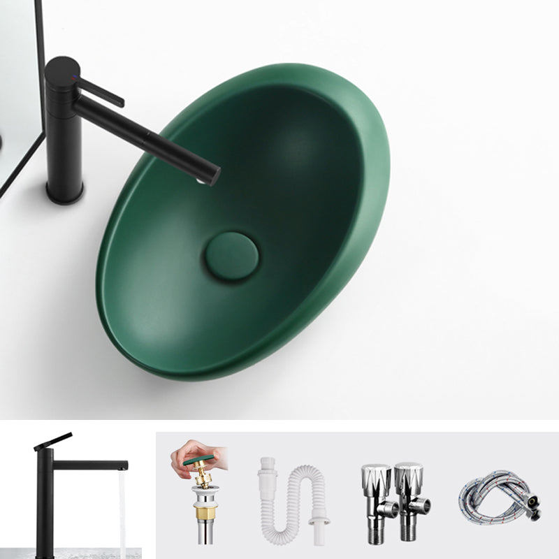 Modern Bathroom Sink Porcelain Pop-Up Drain Oval-Shape Vessel Lavatory Sink
