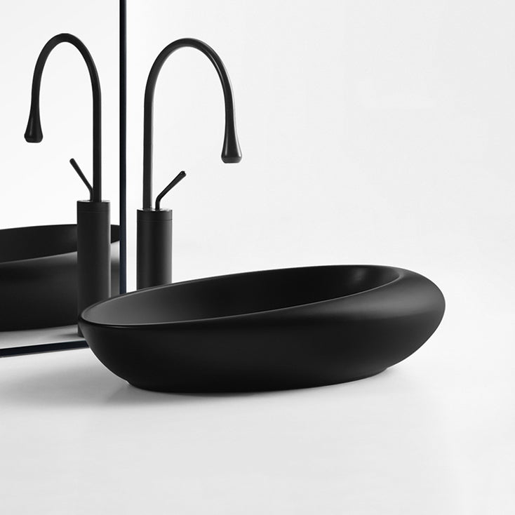 Modern Bathroom Sink Porcelain Pop-Up Drain Oval-Shape Vessel Lavatory Sink