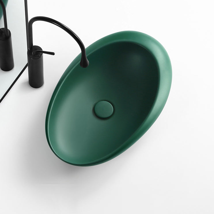 Modern Bathroom Sink Porcelain Pop-Up Drain Oval-Shape Vessel Lavatory Sink