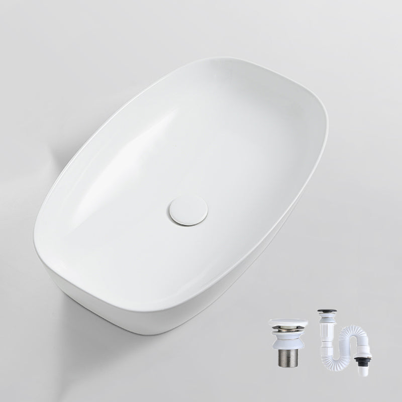 Contemporary Bathroom Sink Porcelain Solid Color Rectangular Vessel with Pop-Up Drain