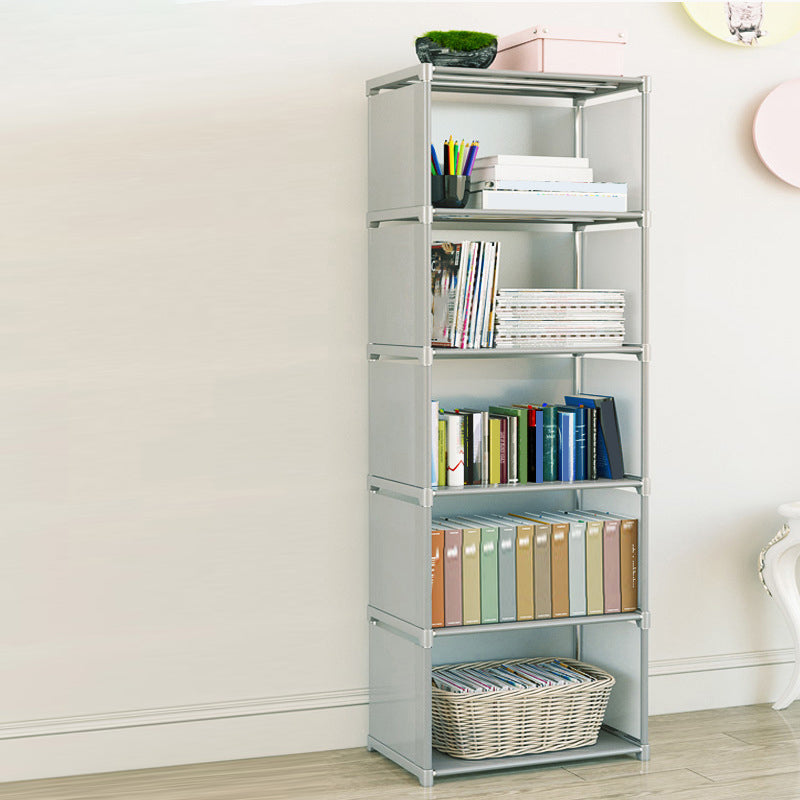 Contemporary Vertical Bookshelf Metal Study Room Bookcase with Fabric Bins