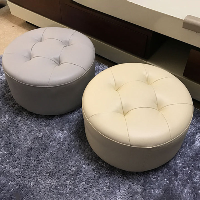 Contemporary Pouf Ottoman Faux Leather Upholstered Tufted Cylinder Shape Ottoman
