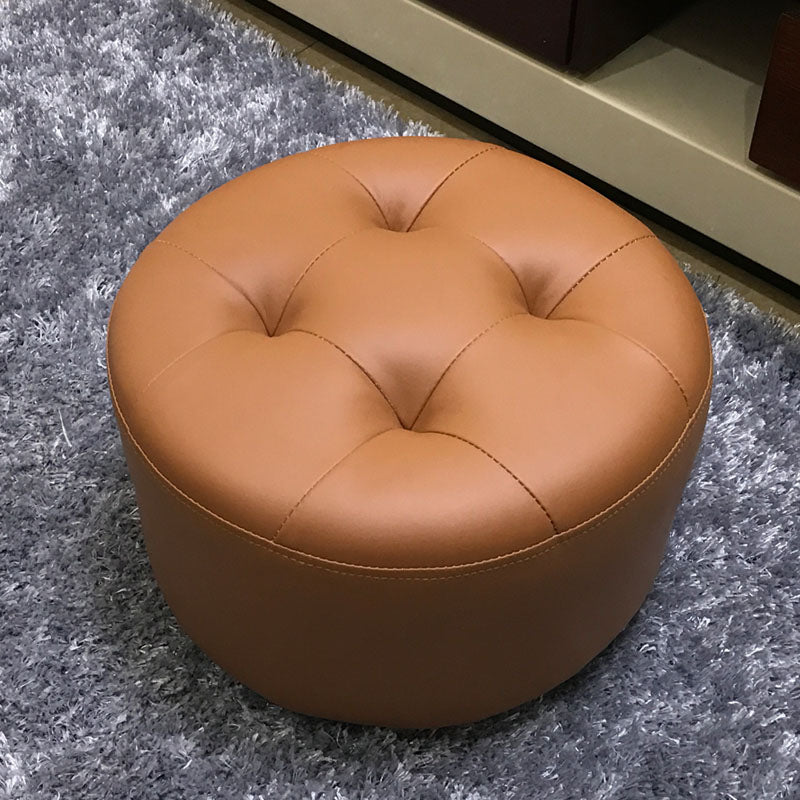 Contemporary Pouf Ottoman Faux Leather Upholstered Tufted Cylinder Shape Ottoman