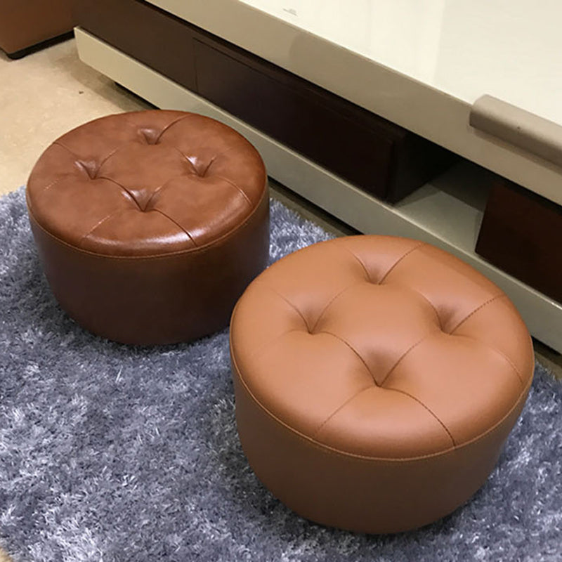 Contemporary Pouf Ottoman Faux Leather Upholstered Tufted Cylinder Shape Ottoman
