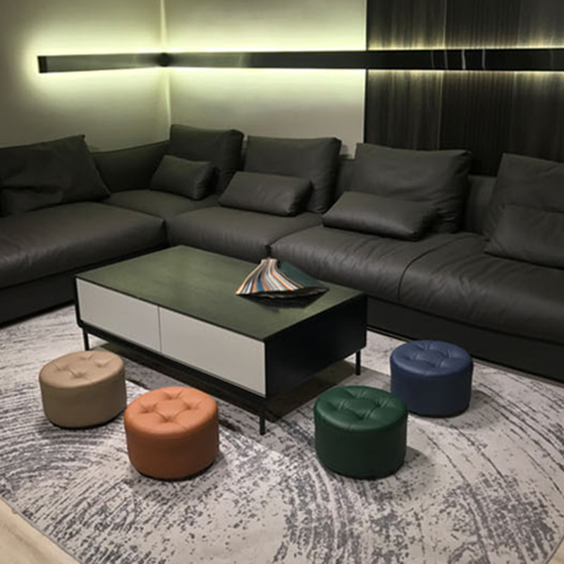 Contemporary Pouf Ottoman Faux Leather Upholstered Tufted Cylinder Shape Ottoman