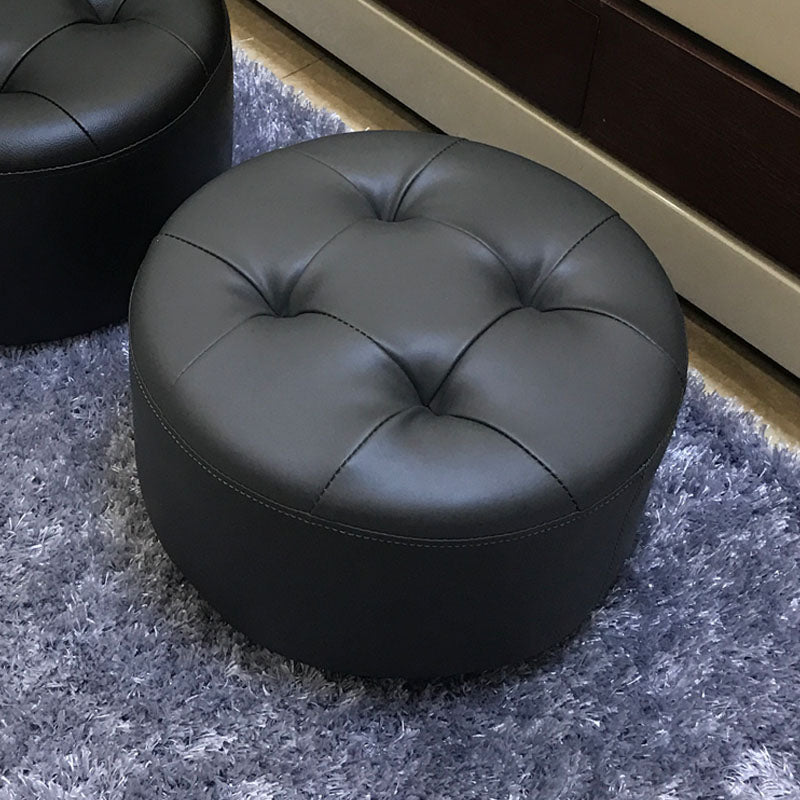 Contemporary Pouf Ottoman Faux Leather Upholstered Tufted Cylinder Shape Ottoman