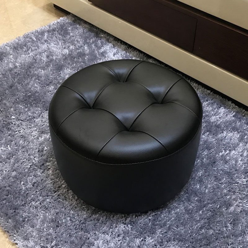 Contemporary Pouf Ottoman Faux Leather Upholstered Tufted Cylinder Shape Ottoman