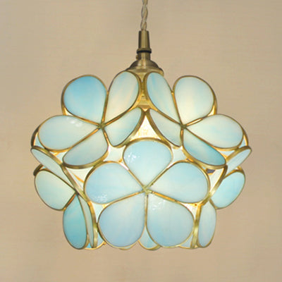 1 Light Flower Hanging Ceiling Light Tiffany Style Blue/Clear/Pink Stainless Glass Suspension Pendant Light