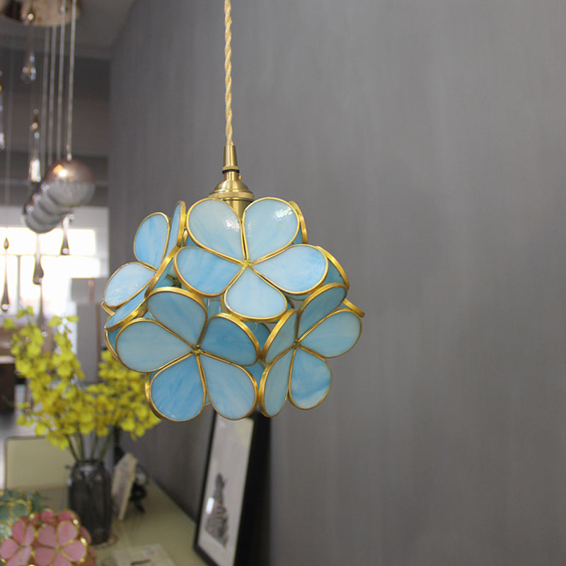 1 Light Flower Hanging Ceiling Light Tiffany Style Blue/Clear/Pink Stainless Glass Suspension Pendant Light
