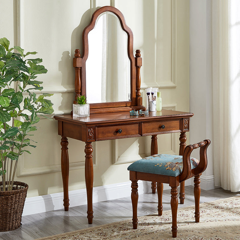 Traditional 2 Drawers Wood Mirrored Makeup Table Desk Vanity in Brown