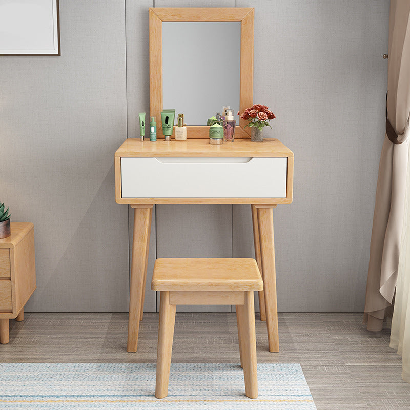 Contemporary Solid Wood Makeup Table Vanity Stool with Drawers and Mirror