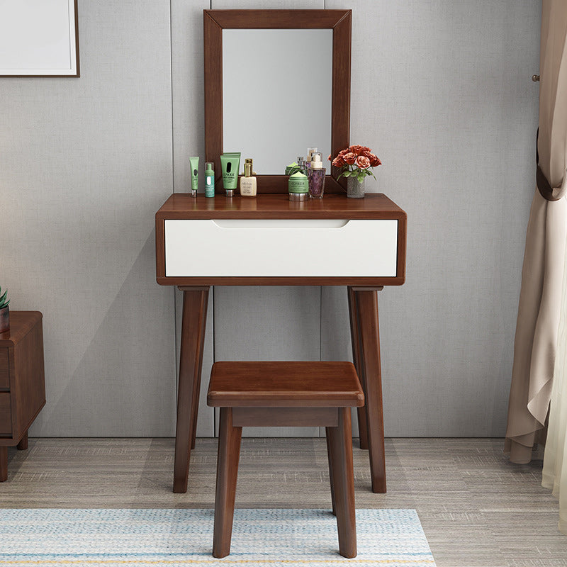Contemporary Solid Wood Makeup Table Vanity Stool with Drawers and Mirror
