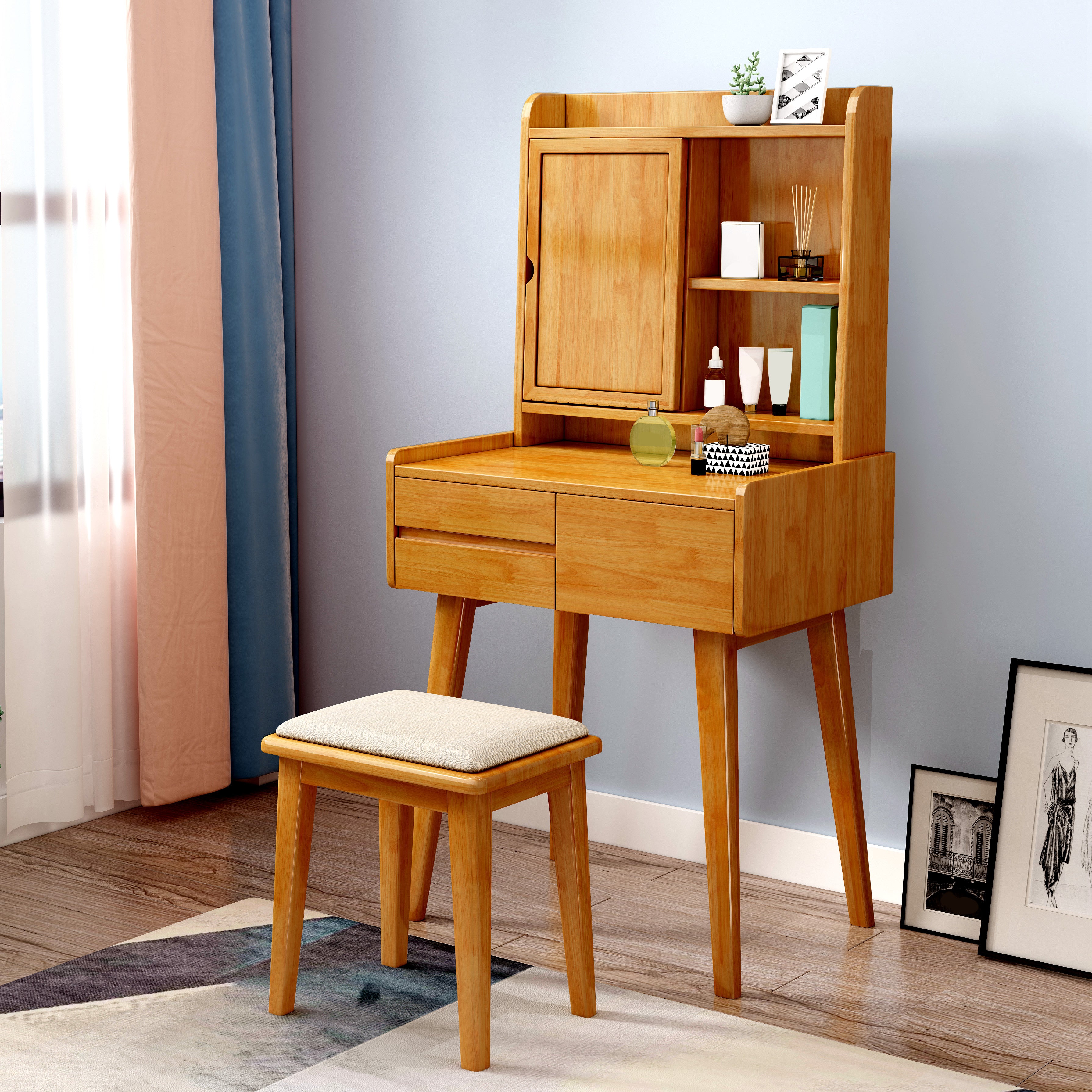 Scandinavian 3-Drawer Solid Wood Table Makeup Vanity with Mirror