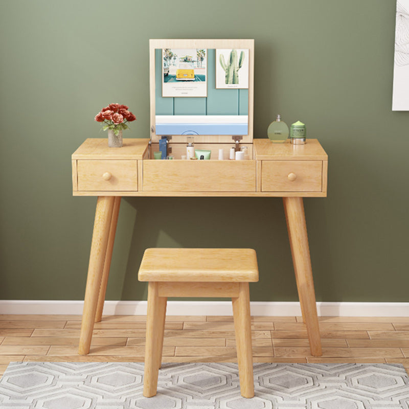 Solid Wood Vanity Makeup Table Set 2 Drawer Flip-Top Dressing Table