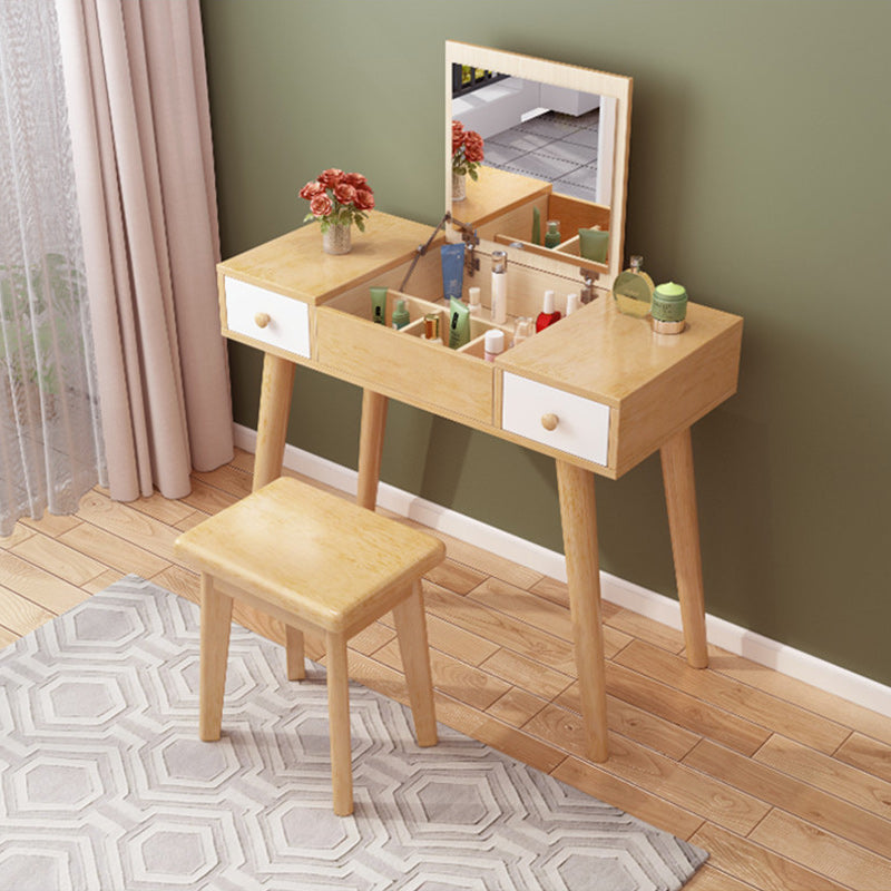 Solid Wood Vanity Makeup Table Set 2 Drawer Flip-Top Dressing Table