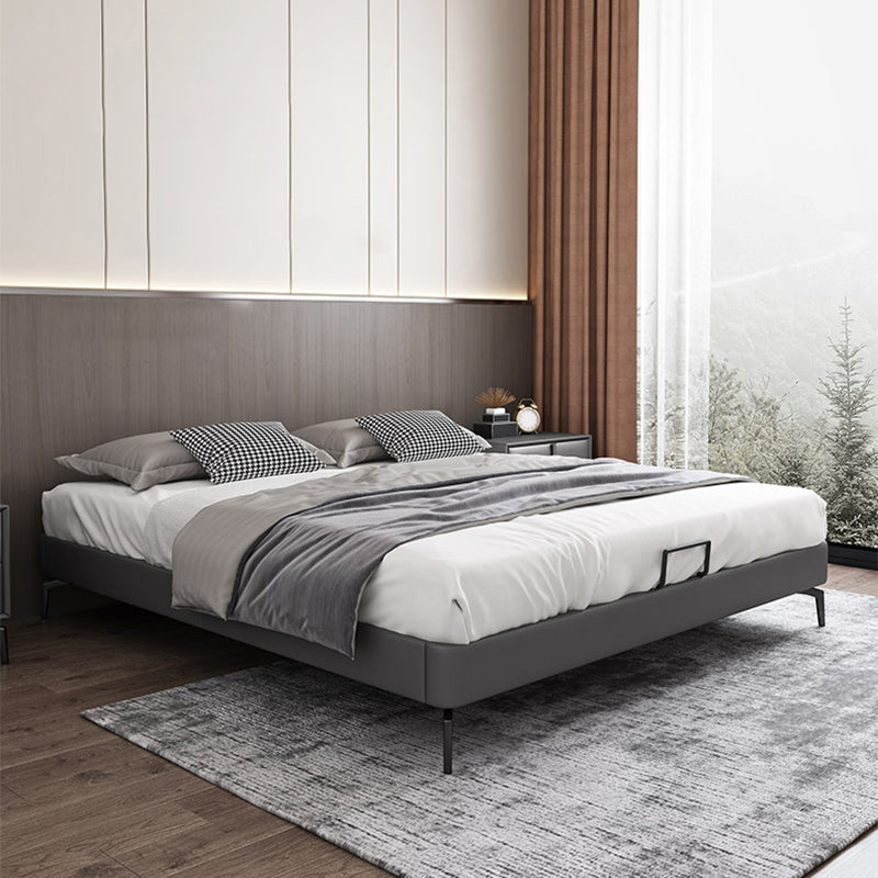 Contemporary Panel Bed Faux Leather and Wood Platform Bed Frame in Dark Grey