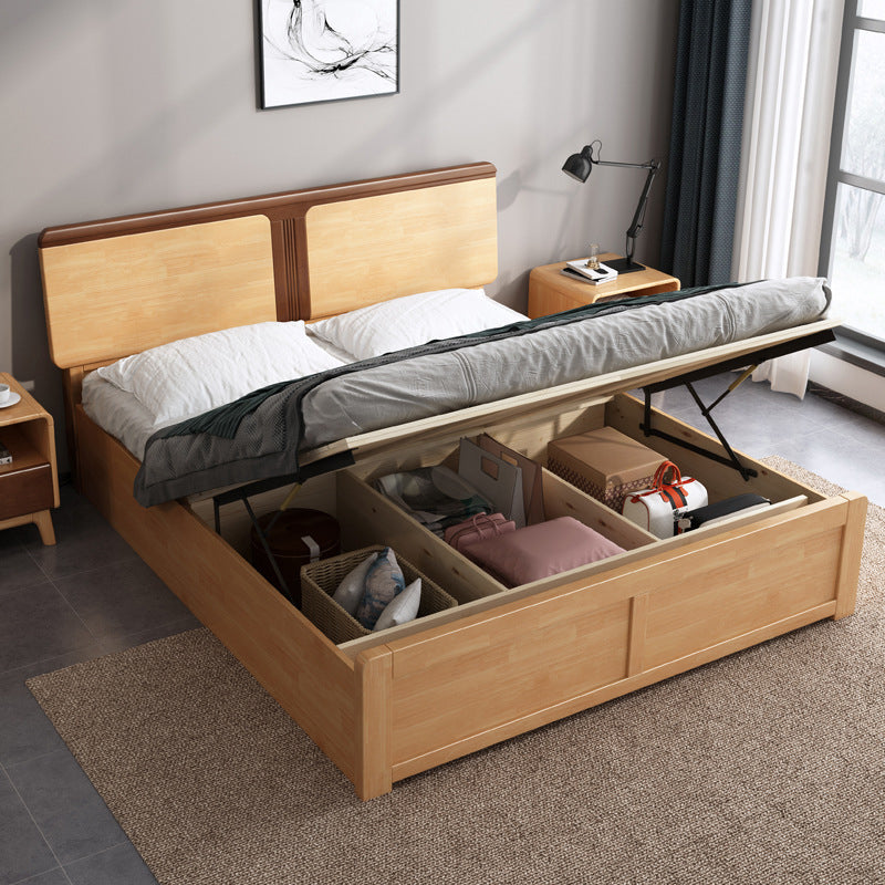 Contemporary Panel Bed Solid Wood Natural Standard Bed with Headboard