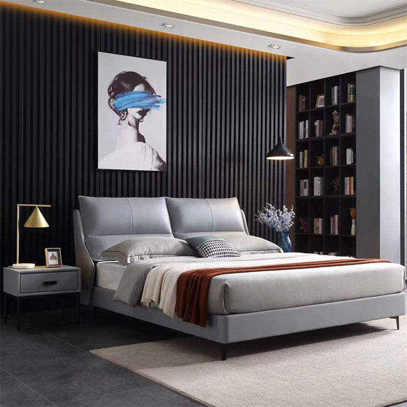 Modern Gray Bed Frame Upholstered Solid Color Standard Bed with Custom Gold Leg