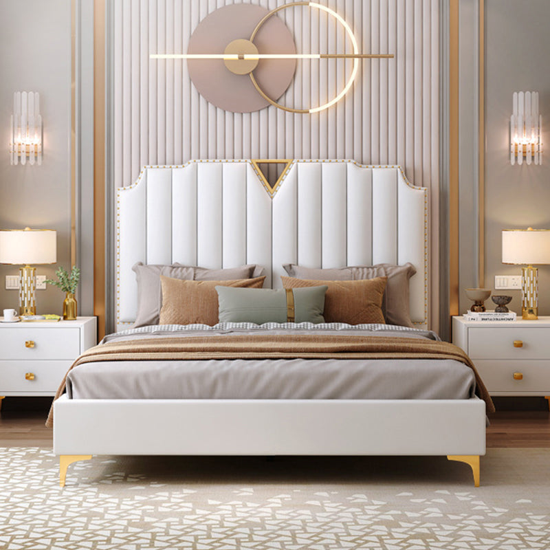 Modern Panel Bed White Faux Leather Standard Bed with Custom Gold Leg