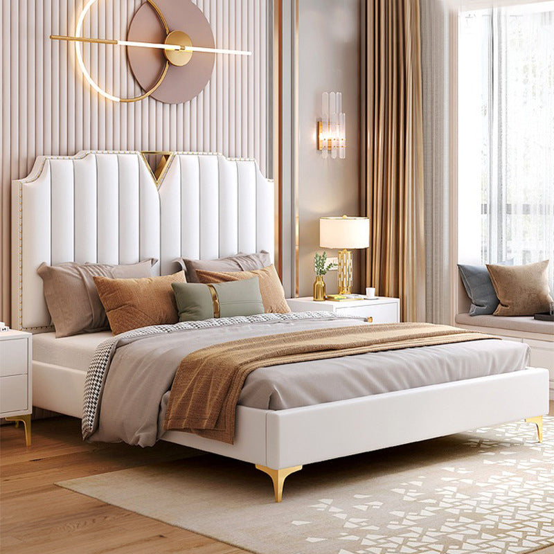 Modern Panel Bed White Faux Leather Standard Bed with Custom Gold Leg