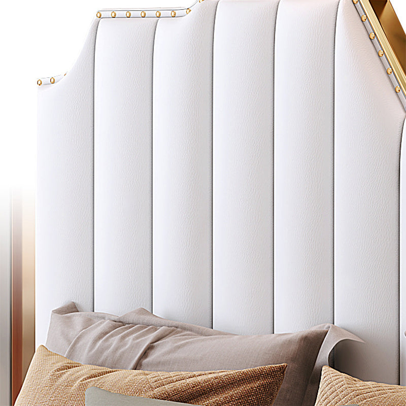 Modern Panel Bed White Faux Leather Standard Bed with Custom Gold Leg