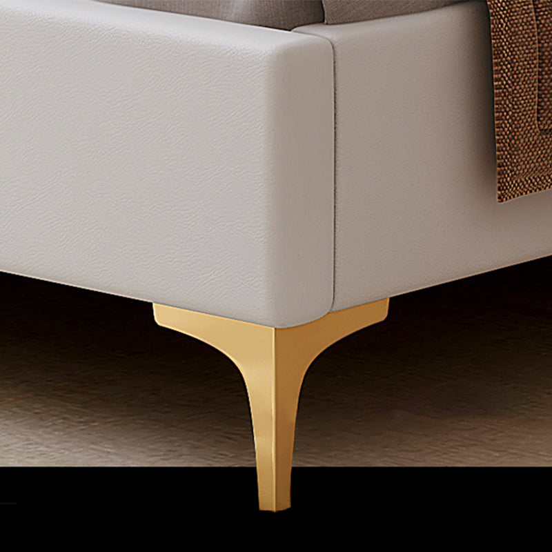 Modern Panel Bed White Faux Leather Standard Bed with Custom Gold Leg